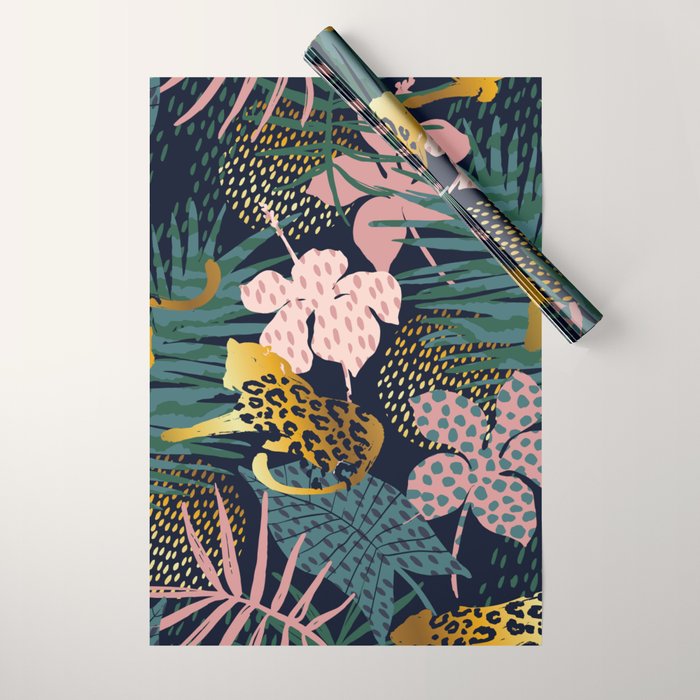 Exotic Golden Jungle Leopard & Pink Palm Leaf Geometric Pattern Wrapping Paper Gallery Image 1