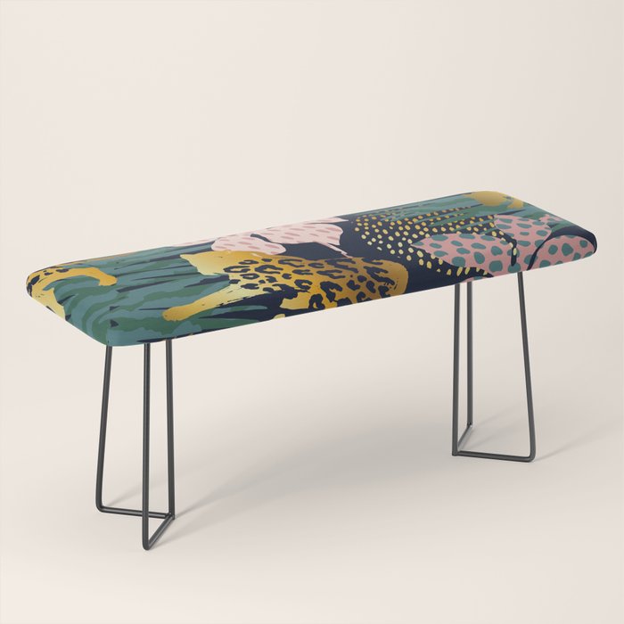 Exotic Golden Jungle Leopard & Pink Palm Leaf Geometric Pattern Bench Gallery Image 1