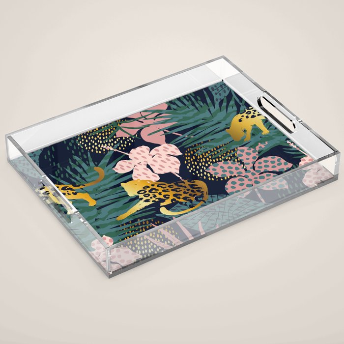 Exotic Golden Jungle Leopard & Pink Palm Leaf Geometric Pattern Acrylic Tray Gallery Image 1
