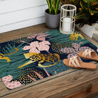 Exotic Golden Jungle Leopard & Pink Palm Leaf Geometric Pattern Outdoor Rug Gallery Image 2