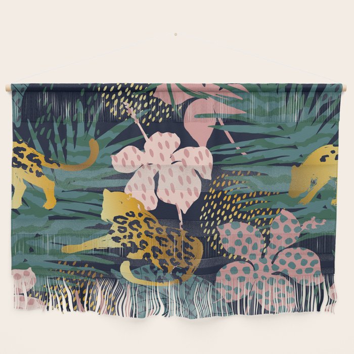 Exotic Golden Jungle Leopard & Pink Palm Leaf Geometric Pattern Wall Hanging Gallery Image 1