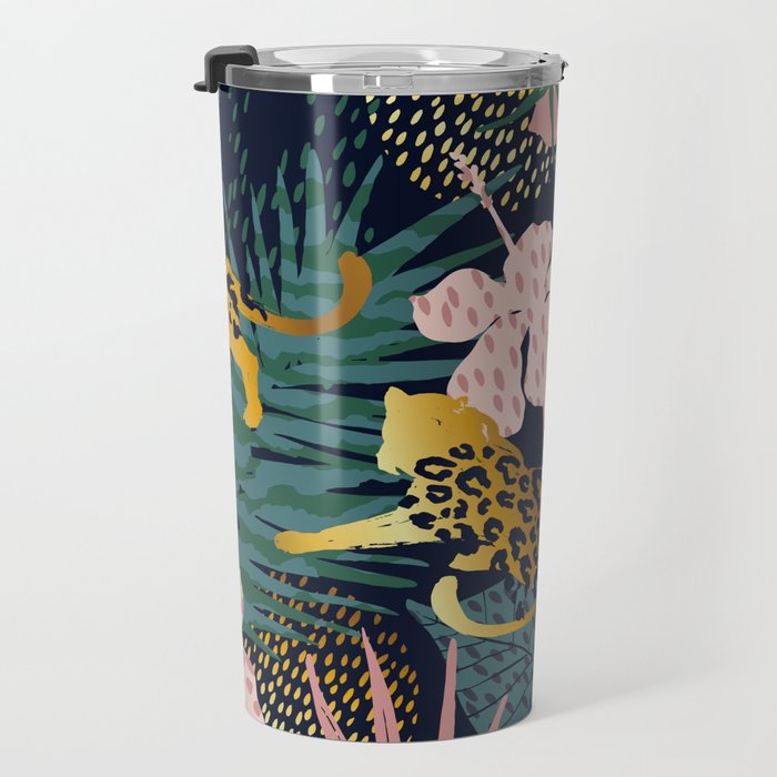 Exotic Golden Jungle Leopard & Pink Palm Leaf Geometric Pattern Travel Mug Gallery Image 3