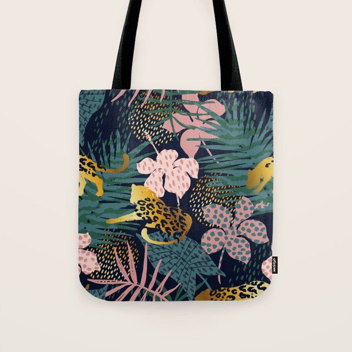 Exotic Golden Jungle Leopard & Pink Palm Leaf Geometric Pattern Tote Bag Gallery Image 1