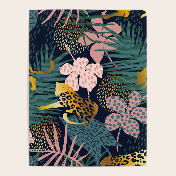 Exotic Golden Jungle Leopard & Pink Palm Leaf Geometric Pattern Poster Gallery Image 1