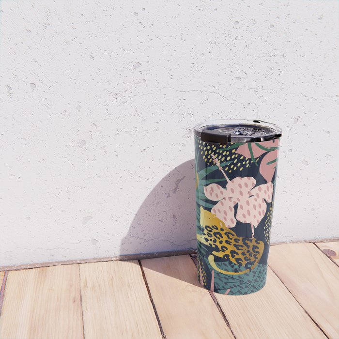 Exotic Golden Jungle Leopard & Pink Palm Leaf Geometric Pattern Travel Mug Gallery Image 4