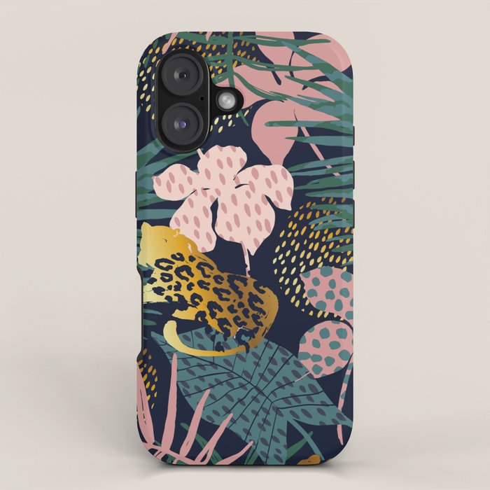 Exotic Golden Jungle Leopard & Pink Palm Leaf Geometric Pattern iPhone Case Gallery Image 1
