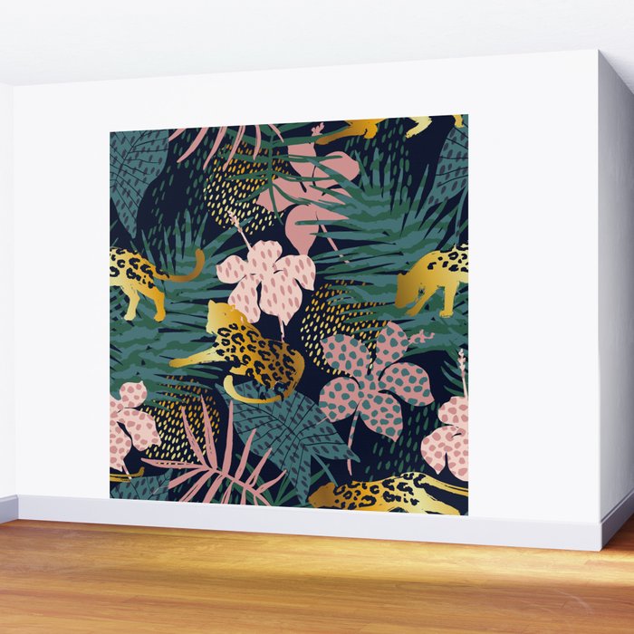 Exotic Golden Jungle Leopard & Pink Palm Leaf Geometric Pattern Wall Mural Gallery Image 2
