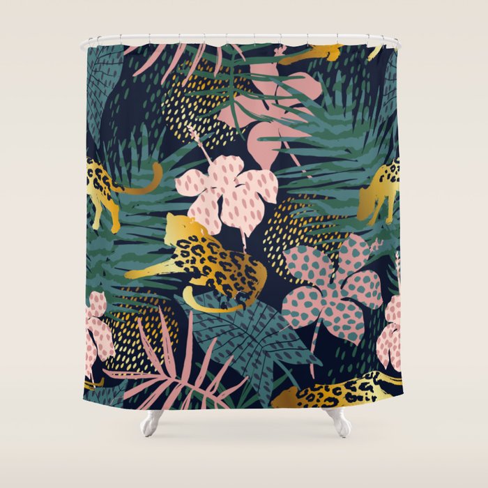 Exotic Golden Jungle Leopard & Pink Palm Leaf Geometric Pattern Shower Curtain Gallery Image 1