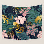 Exotic Golden Jungle Leopard & Pink Palm Leaf Geometric Pattern Wall Tapestry Gallery Image 4