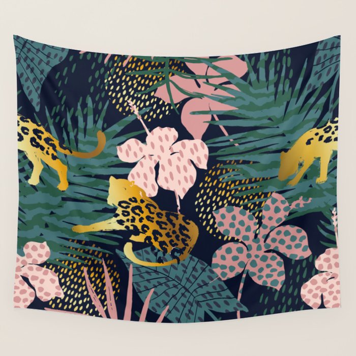 Exotic Golden Jungle Leopard & Pink Palm Leaf Geometric Pattern Wall Tapestry Gallery Image 4