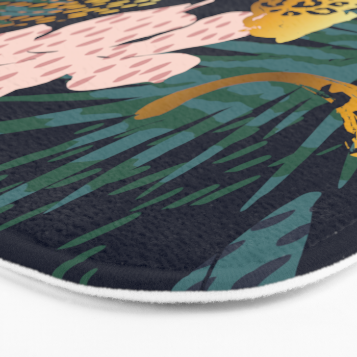 Exotic Golden Jungle Leopard & Pink Palm Leaf Geometric Pattern Bath Mat Gallery Image 3