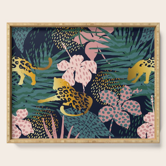 Exotic Golden Jungle Leopard & Pink Palm Leaf Geometric Pattern Serving Tray Gallery Image 1