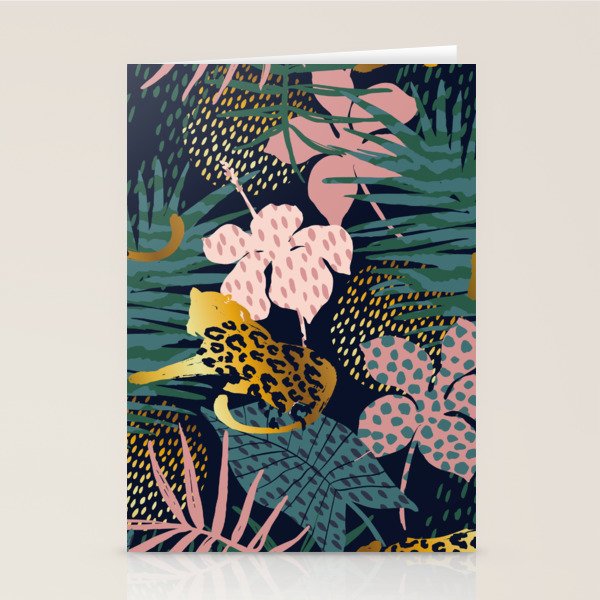 Exotic Golden Jungle Leopard & Pink Palm Leaf Geometric Pattern Stationery Card Gallery Image 2