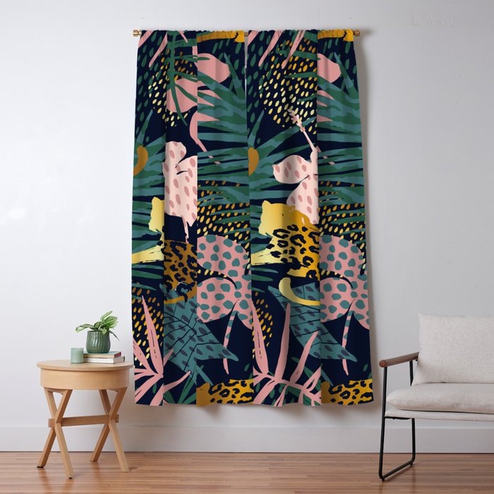 Exotic Golden Jungle Leopard & Pink Palm Leaf Geometric Pattern Window Curtain