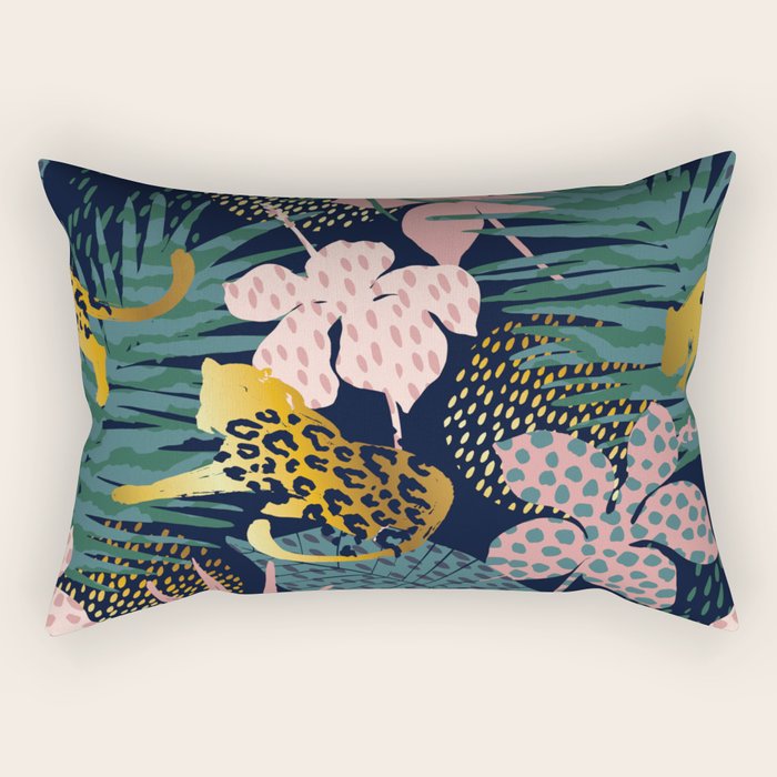 Exotic Golden Jungle Leopard & Pink Palm Leaf Geometric Pattern Rectangular Pillow Gallery Image 2