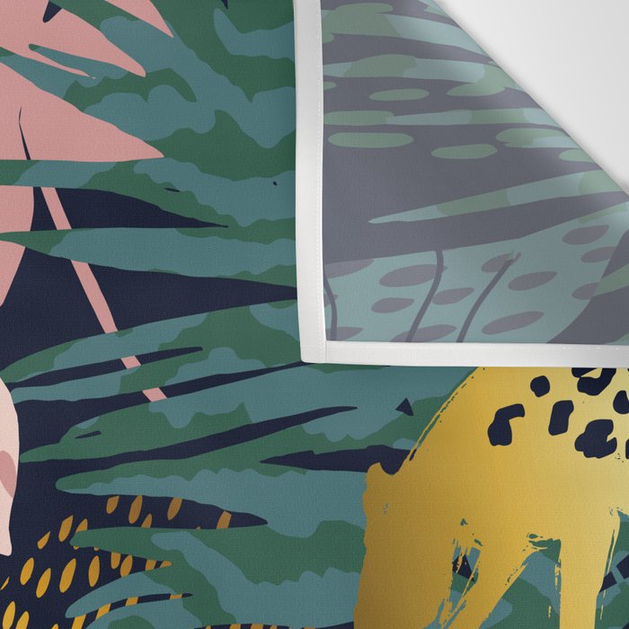 Exotic Golden Jungle Leopard & Pink Palm Leaf Geometric Pattern Wall Tapestry Gallery Image 3