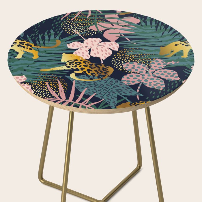 Exotic Golden Jungle Leopard & Pink Palm Leaf Geometric Pattern Side Table Gallery Image 2