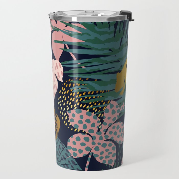 Exotic Golden Jungle Leopard & Pink Palm Leaf Geometric Pattern Travel Mug Gallery Image 2