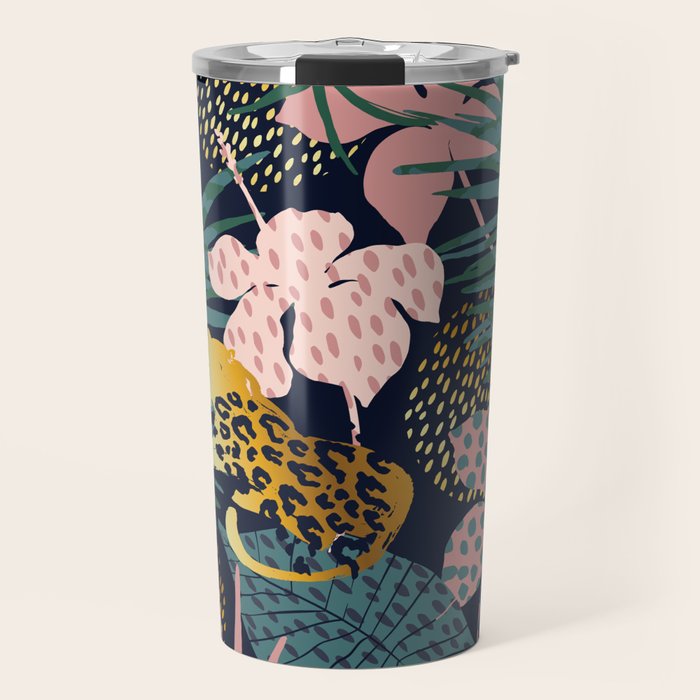 Exotic Golden Jungle Leopard & Pink Palm Leaf Geometric Pattern Travel Mug Gallery Image 1