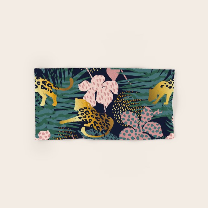 Exotic Golden Jungle Leopard & Pink Palm Leaf Geometric Pattern Bath Towel Gallery Image 1