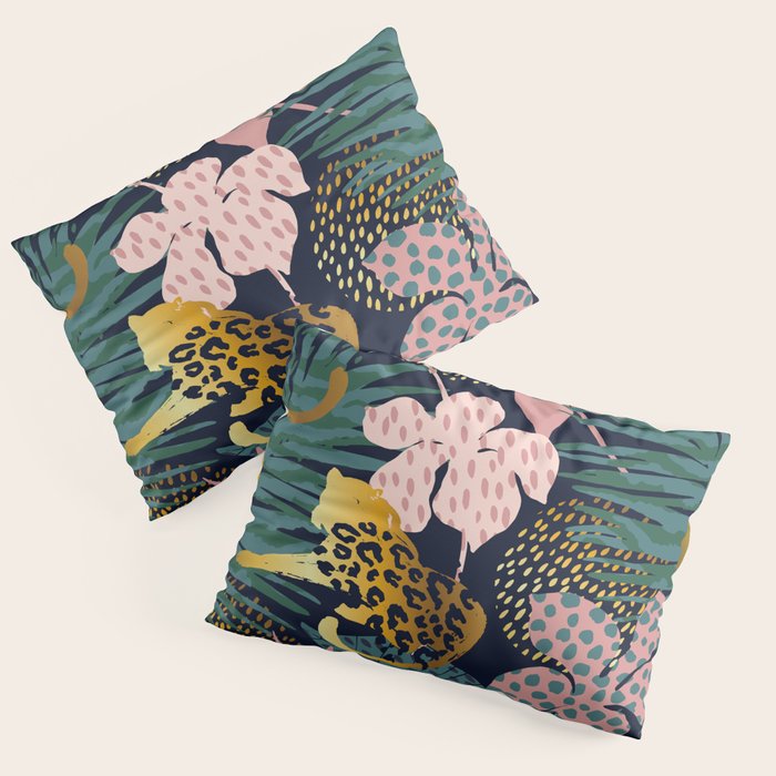 Exotic Golden Jungle Leopard & Pink Palm Leaf Geometric Pattern Pillow Sham Gallery Image 1