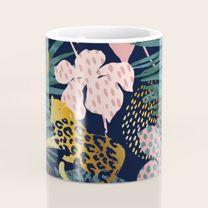 Exotic Golden Jungle Leopard & Pink Palm Leaf Geometric Pattern Coffee Mug Gallery Image 4