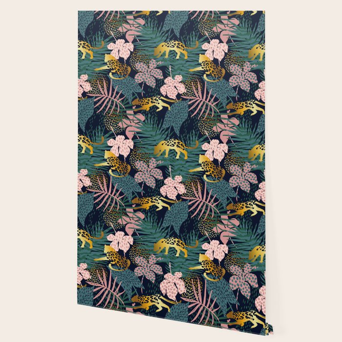 Exotic Golden Jungle Leopard & Pink Palm Leaf Geometric Pattern Wallpaper Gallery Image 2