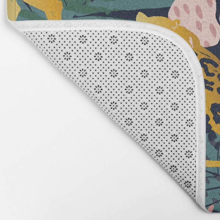Exotic Golden Jungle Leopard & Pink Palm Leaf Geometric Pattern Bath Mat Gallery Image 2