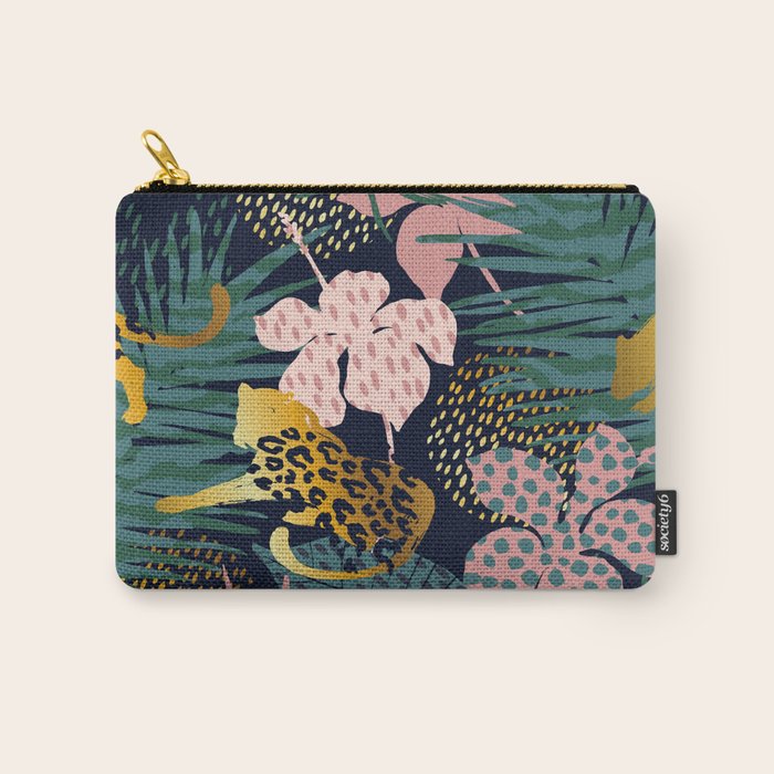 Exotic Golden Jungle Leopard & Pink Palm Leaf Geometric Pattern Carry All Pouch Gallery Image 1