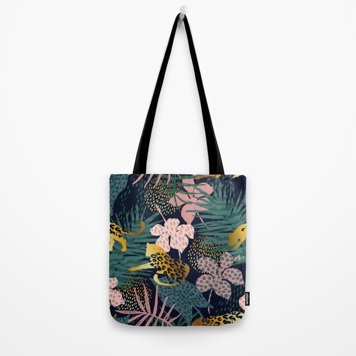 Exotic Golden Jungle Leopard & Pink Palm Leaf Geometric Pattern Tote Bag Gallery Image 2