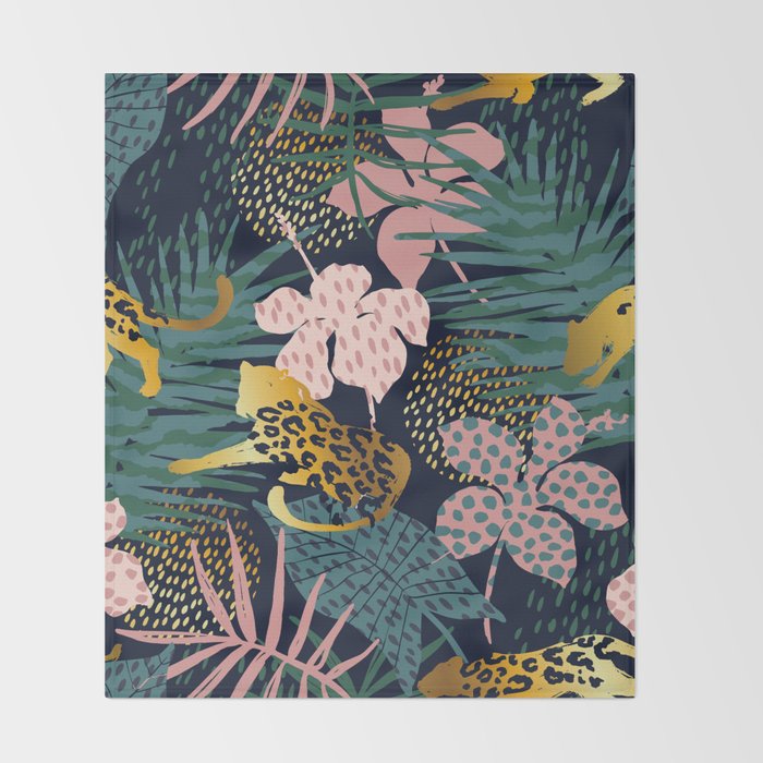Exotic Golden Jungle Leopard & Pink Palm Leaf Geometric Pattern Throw Blanket Gallery Image 2