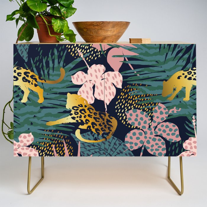 Exotic Golden Jungle Leopard & Pink Palm Leaf Geometric Pattern Credenza Gallery Image 1