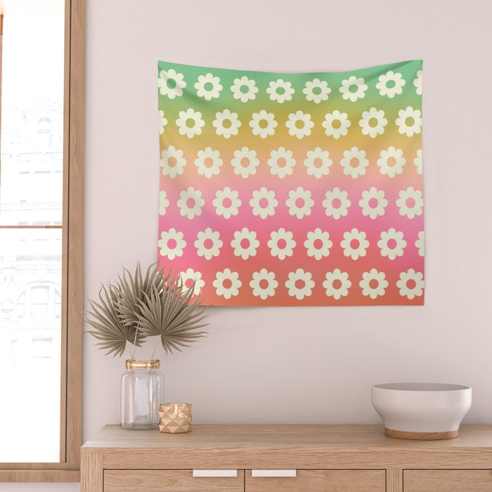 Ombre Rainbow Daisy Pattern Wall Tapestry Gallery Image 2