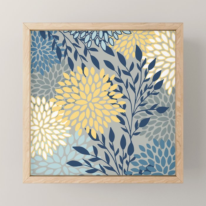 Festive, Floral Prints and Leaves, Yellow, Gray, Navy Blue, Teal Mini Art Print Gallery Image 1