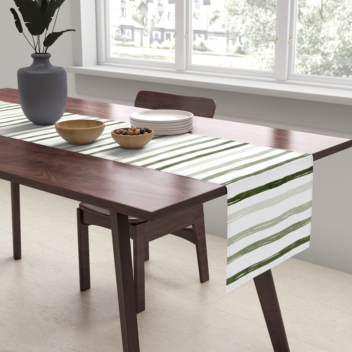 Watercolor Green and White Striped Table Runner Gallery Image 2
