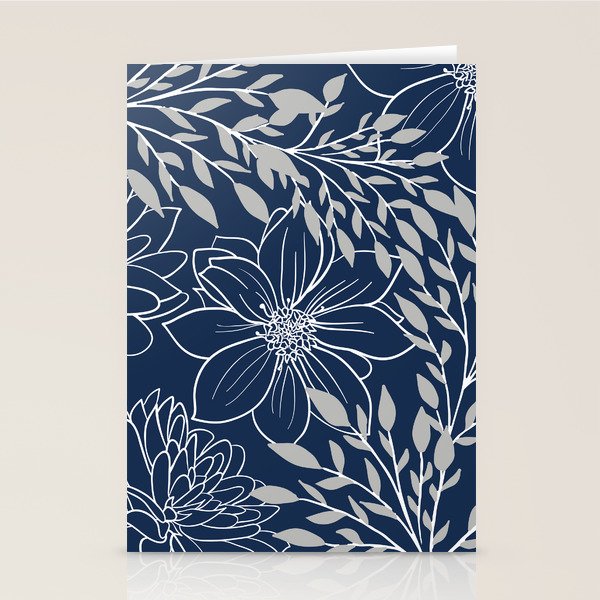 Festive, Floral Prints and Leaves, Line Art, Navy Blue and Gray Stationery Card Gallery Image 2