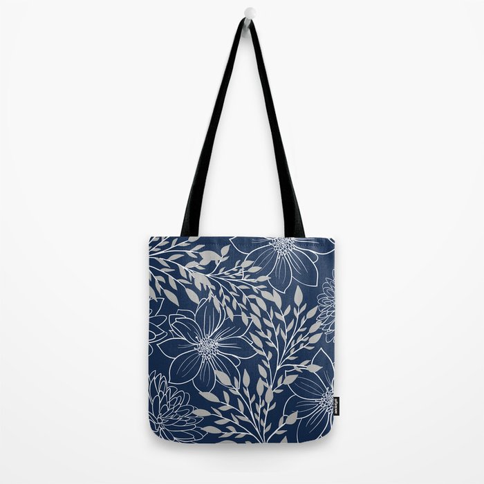 Festive, Floral Prints and Leaves, Line Art, Navy Blue and Gray Tote Bag Gallery Image 2