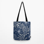 Festive, Floral Prints and Leaves, Line Art, Navy Blue and Gray Tote Bag Gallery Image 2