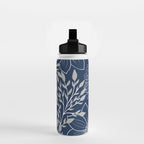Festive, Floral Prints and Leaves, Line Art, Navy Blue and Gray Water Bottle Gallery Image 2