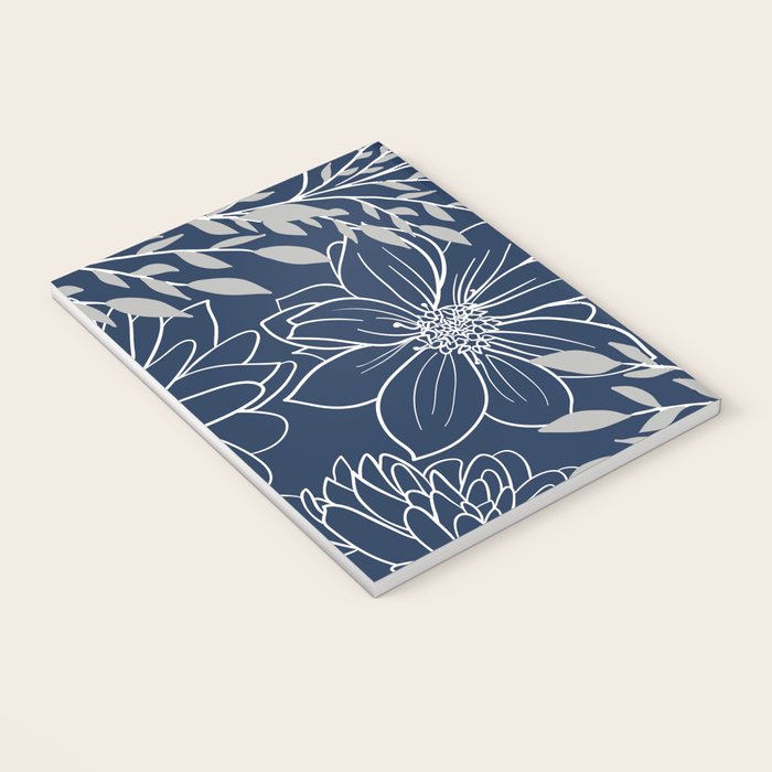 Festive, Floral Prints and Leaves, Line Art, Navy Blue and Gray Notebook Gallery Image 3