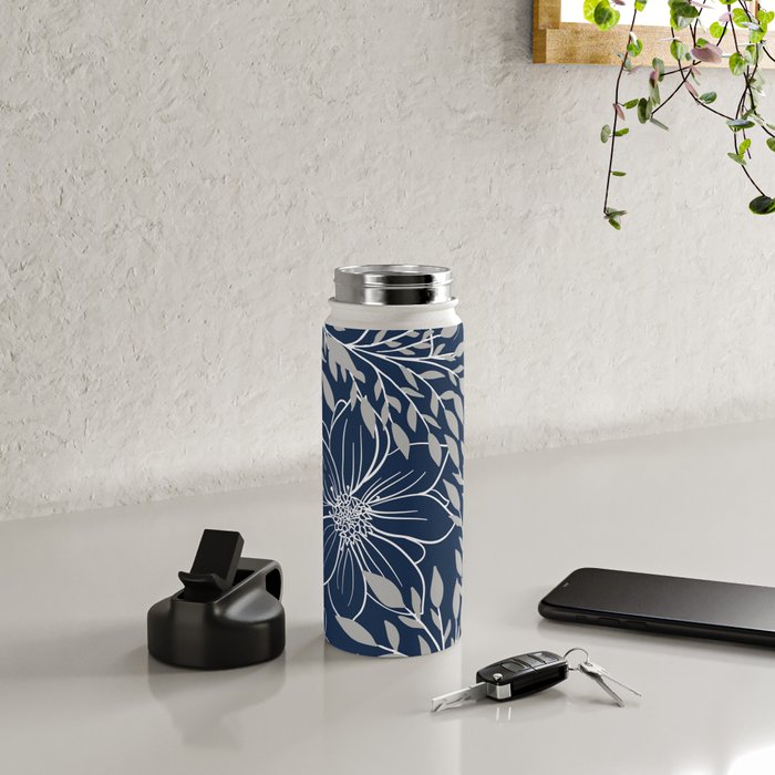 Festive, Floral Prints and Leaves, Line Art, Navy Blue and Gray Water Bottle Gallery Image 4