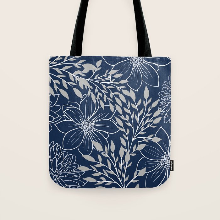 Festive, Floral Prints and Leaves, Line Art, Navy Blue and Gray Tote Bag Gallery Image 1