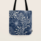Festive, Floral Prints and Leaves, Line Art, Navy Blue and Gray Tote Bag Gallery Image 1