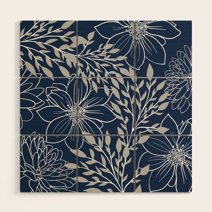 Festive, Floral Prints and Leaves, Line Art, Navy Blue and Gray Wood Wall Art Gallery Image 1