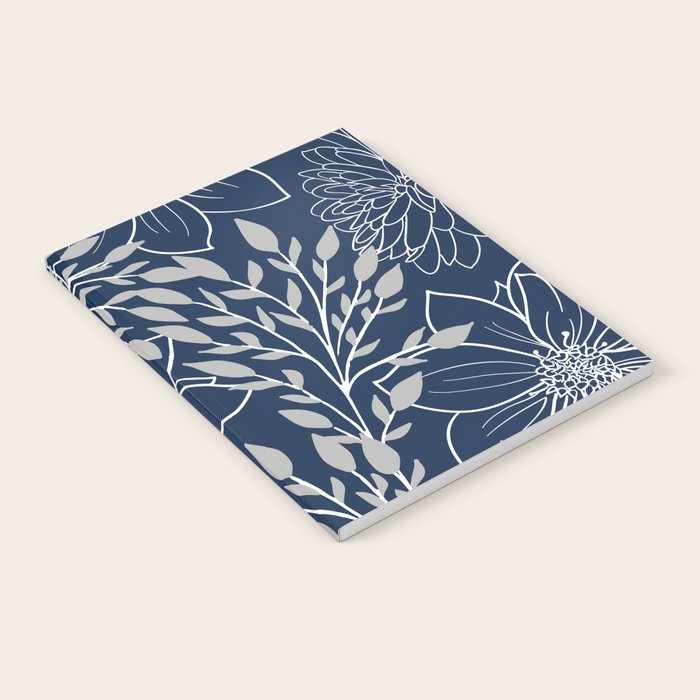 Festive, Floral Prints and Leaves, Line Art, Navy Blue and Gray Notebook Gallery Image 2