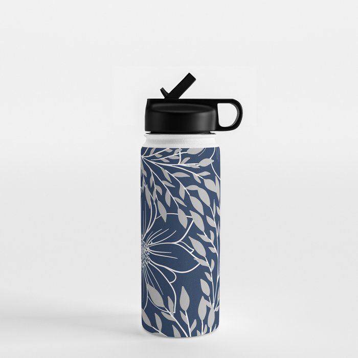 Festive, Floral Prints and Leaves, Line Art, Navy Blue and Gray Water Bottle Gallery Image 1
