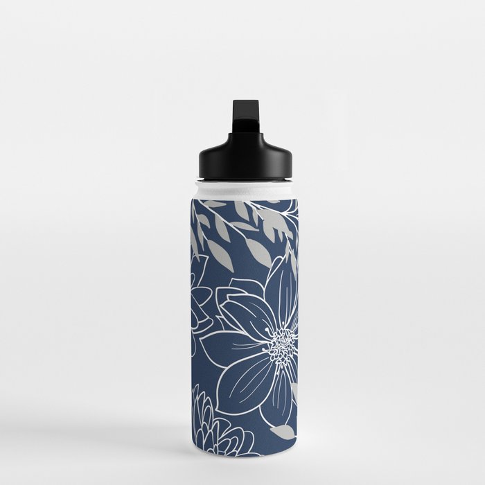 Festive, Floral Prints and Leaves, Line Art, Navy Blue and Gray Water Bottle Gallery Image 3