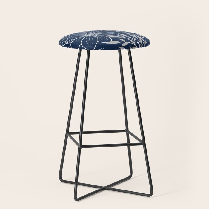 Festive, Floral Prints and Leaves, Line Art, Navy Blue and Gray Stool Gallery Image 1