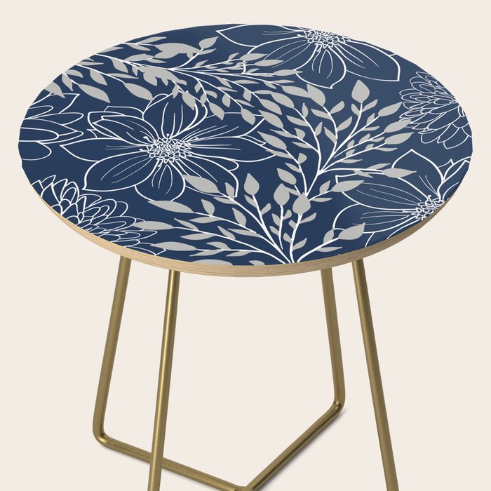 Festive, Floral Prints and Leaves, Line Art, Navy Blue and Gray Side Table Gallery Image 2