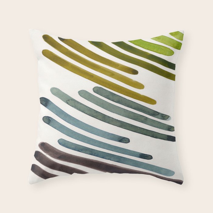 Olive Green Navy Blue Watercolor Colorful Stripes Mid Century Modern Art Primitive Abstract Art Throw Pillow Gallery Image 1